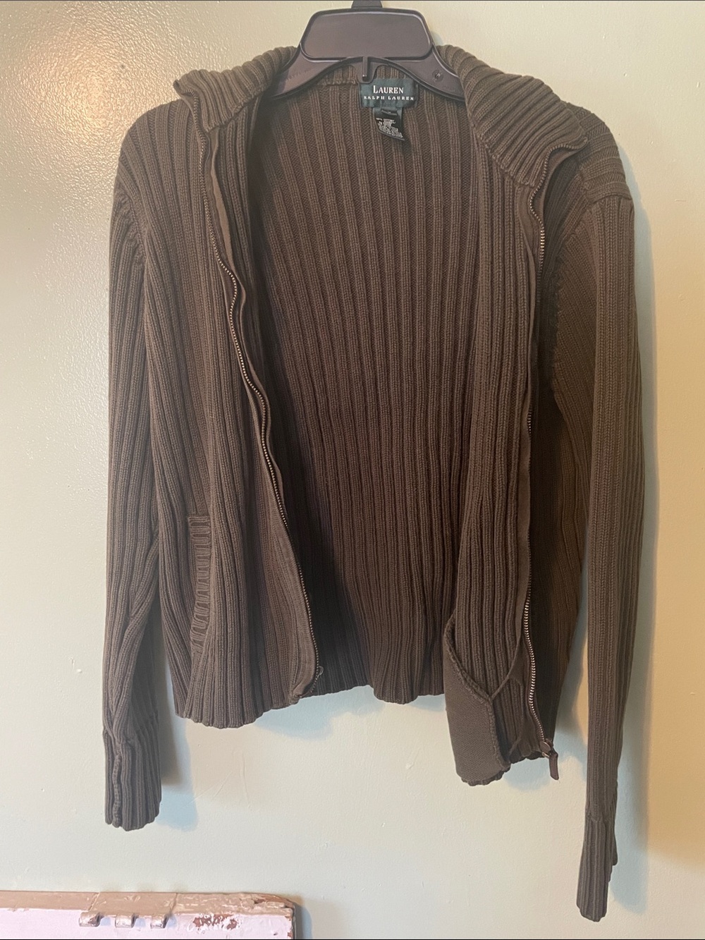 Lauren Ralph Lauren Deep Olive Green Ribbed Zip Hoodie Cardigan
